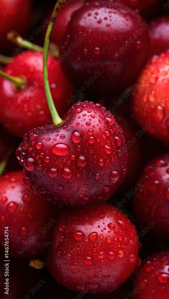 Aufkleber a close-up view of fresh red cherries with drops of water on them.