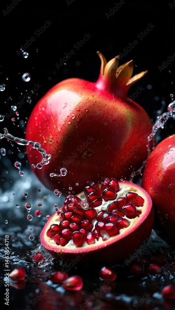 Poster pomegranate halves with seeds inside, surrounded by pomegranate juice droplets on dark surface.