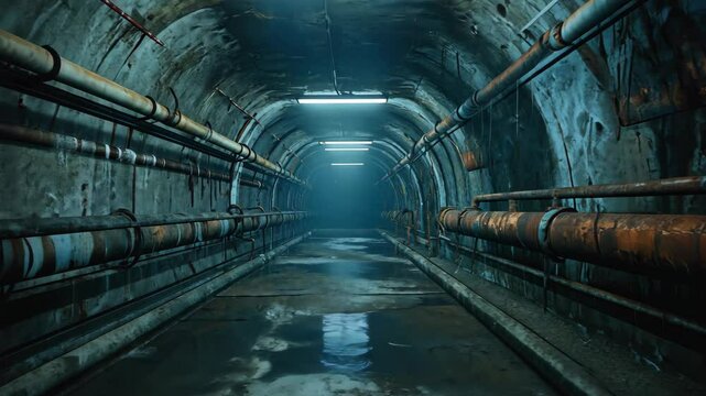 Mysterious underground tunnel with aged pipes and damp concrete walls under artificial lighting