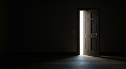 Slightly ajar door in a dimly lit or dark room.

