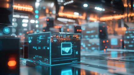 Futuristic Digital Cube with Glowing Interface in a Dark Industrial Setting