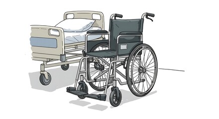 Fototapeta premium Hospital Bed and Wheelchair Illustration in Healthcare Setting