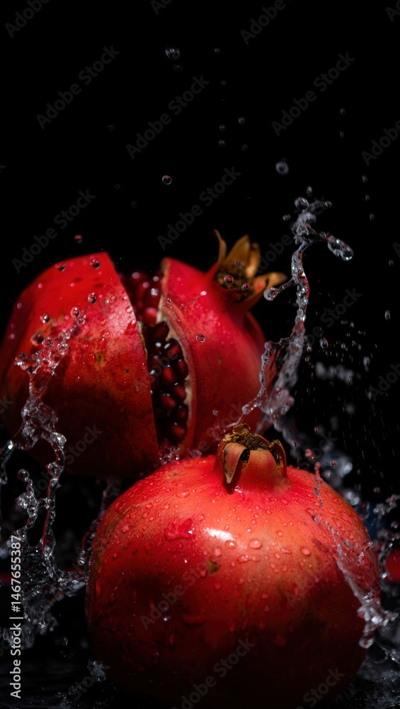 Poster Red apples being washed under running water, creating droplets and splashes around them.