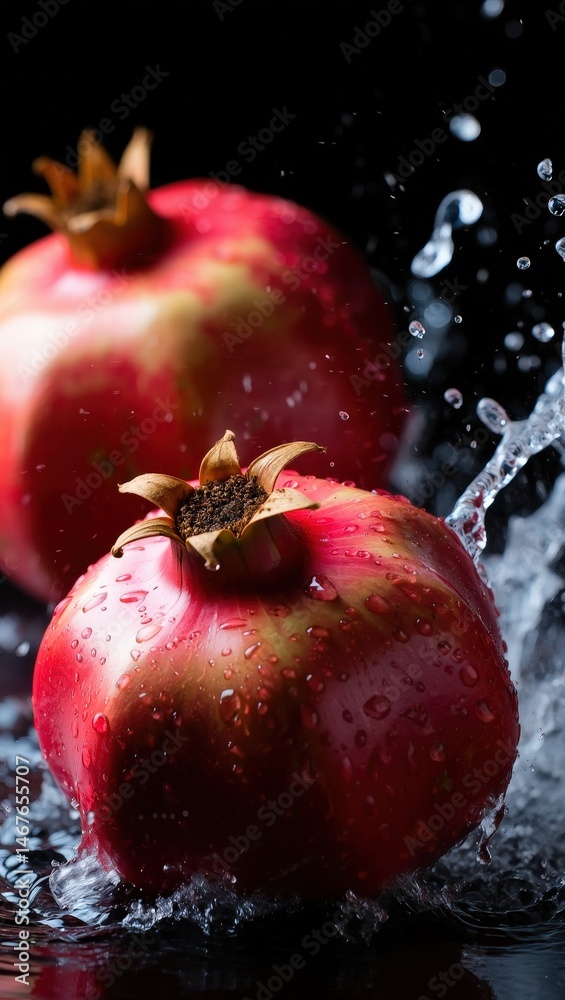 Poster two red pomegranates with yellow stems and seeds splashing around them in water.