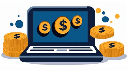 Pixelated laptop displaying digital coins offering financial growth online money transaction e-commerce business modern financial technology concept