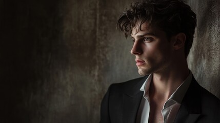 Obraz premium Portrait of a Stylish Young Man in a Dimly Lit Setting