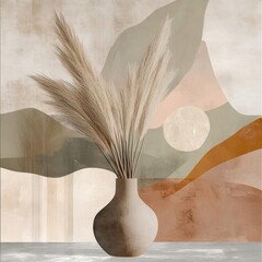 Beige vase with pampas grass, abstract landscape