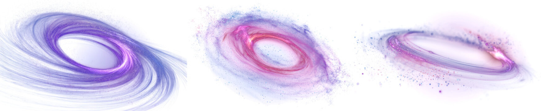 Three cosmic energy portals with indigo, violet, and magenta particle swirls, spiral vortex effect for sci-fi or space themes, transparent background