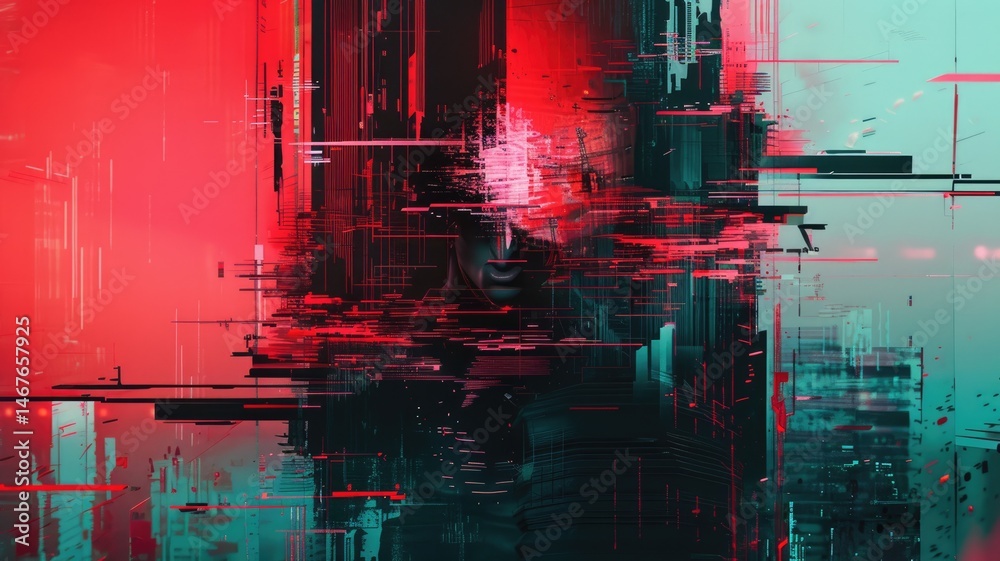 Poster abstract of complex glitch with broken pixel effect in cyber background. human shape and colorful pa