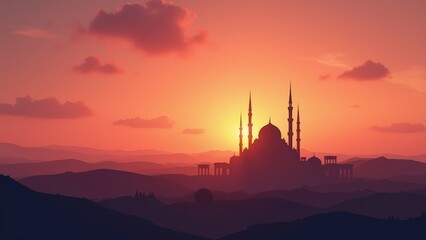 Obraz premium A wide landscape with the silhouette of a mosque and minarets against an orange and pink sunset sky