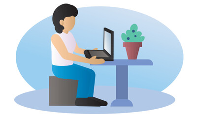 Woman working on laptop. Vector