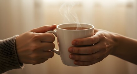 Hands holding a steaming cup of herbal tea, soft light in background.