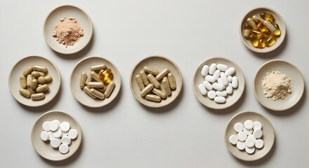 Fototapeta premium Flat lay of supplements and vitamins in neutral ceramic dishes.