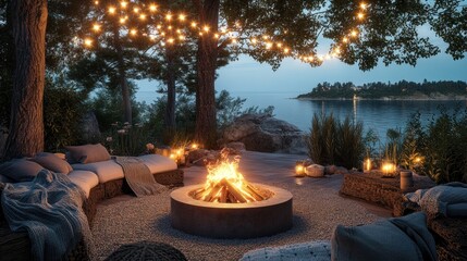 Coastal fire pit, evening ambiance