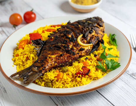 Emirati samak marshoos grilled fish served with turmeric infused rice and roasted vegetables.