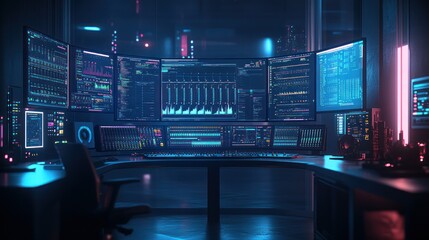 High-tech, illuminated workstation with multiple monitors displaying complex data visualizations