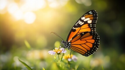 Monarch butterfly perched on a flower in a sunlit garden
