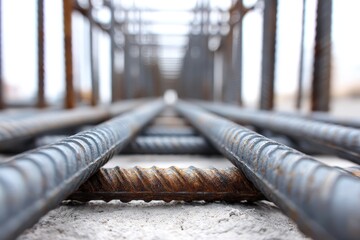 Steel Rebar Construction Detail - Close-up of steel rebar grid, used in concrete construction, showing texture and detail. Focus on foreground rebar