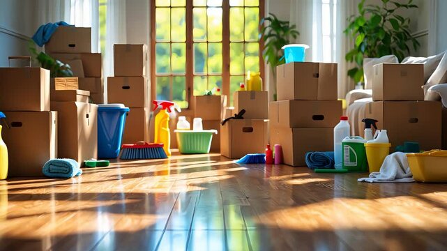 Boxes filled with cleaning supplies, mops, and detergents scattered on wooden floor, showcasing an organized clutter and preparations for cleaning.

