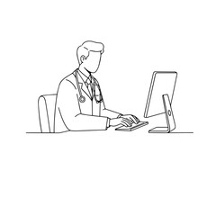 Doctor working on computer in minimalist line art style  