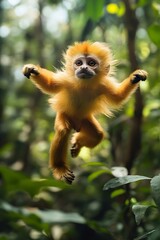 Obraz premium The golden monkey jumping among the green leaves under the sunshine
