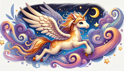 A whimsical and colorful illustration of a unicorn flying through a dreamy night sky