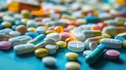 Colorful assortment of various pills and capsules on a surface