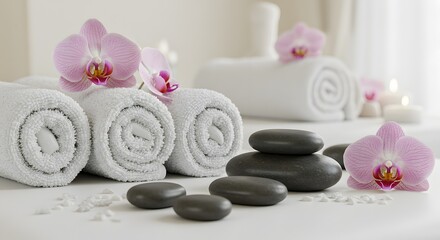 Massage stones and rolled white towels on spa table with orchids.