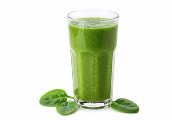 A bright green smoothie glows in a clear glass, crafted from fresh spinach, with lush leaves adding a natural touch. Ideal for health lovers craving a vibrant, nutrient-rich drink!