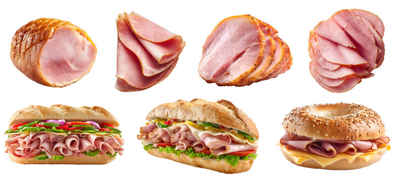 Set of Parma ham Prosciutto fermented processed cured meat, turkey pork, sub sandwich bun bagel, sliced pile stack on transparent cutout PNG. Mockup template