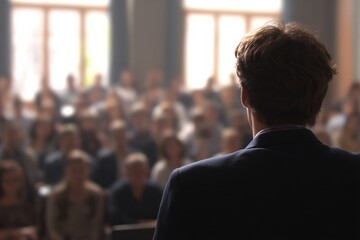 A man in a suit addresses a large audience.