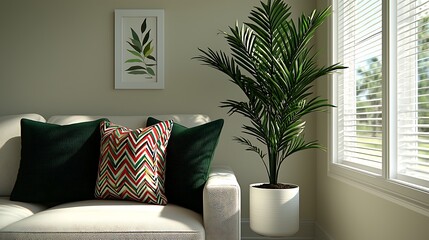 Cozy Living Space with Neutral Tones: Sofa, Pillows, Plant, Artwork and Window, Creating a Serene and Stylish Home Interior.