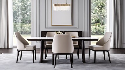 Elegant Dining Area: Modern Table and Chairs in Bright Room with Garden View, Interior Design