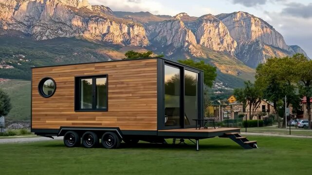 Discover a charming and unique tiny home on wheels, perfectly situated amidst a breathtaking landscape filled with majestic mountains and lush trees