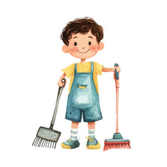 watercolor illustration of boy housekeeping Staff clipart isolated
