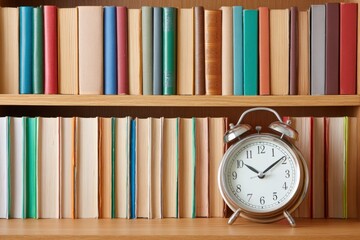 A classic alarm clock sits on a wooden bookshelf filled with colorful books arranged neatly.