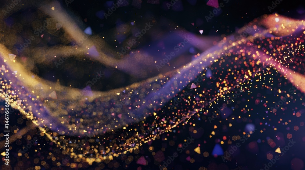 Poster flowing digital waves with glowing particles on a dark background. abstract line art or digital wave