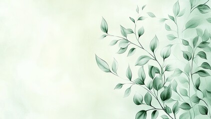 A digital art image of green branches and leaves against a soft pastel background.