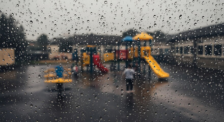 Rainy Day Playground: A wistful view of a vibrant playground through rain-streaked glass, capturing a fleeting glimpse of childhood joy amidst a somber, yet tranquil backdrop.