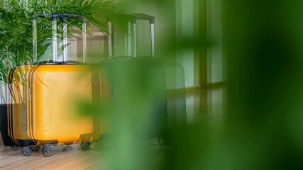 In a contemporary hotel hallway filled with lush greenery, vibrant suitcases are beautifully showcased against the bright sunshine