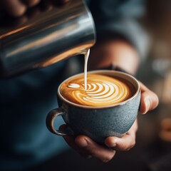 Barista pouring steamed milk into espresso for latte