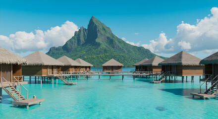 Tropical paradise with overwater bungalows and mountain backdrop