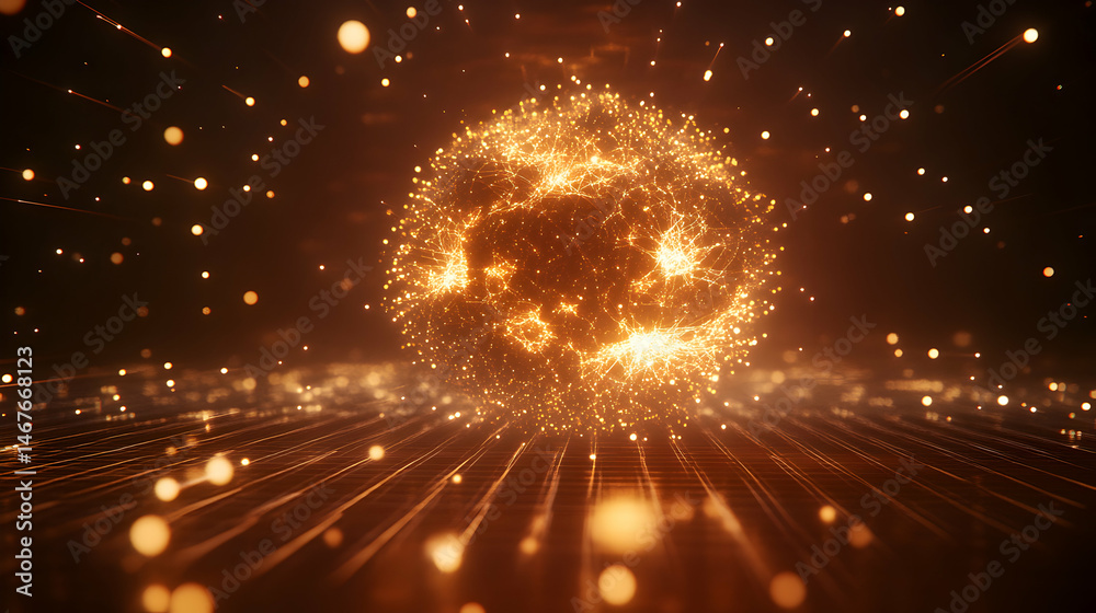 Poster abstract depiction of a glowing data sphere with network connections and lines