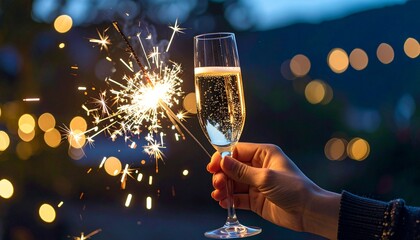 Mano sosteniendo una copa de champán con bengalas en una celebración nocturna al aire libre