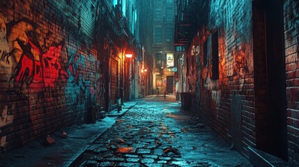 Fototapeta premium Dark Urban Alleyway at Night Wet Cobblestone Street, Graffiti Brick Walls, Moody Lighting
