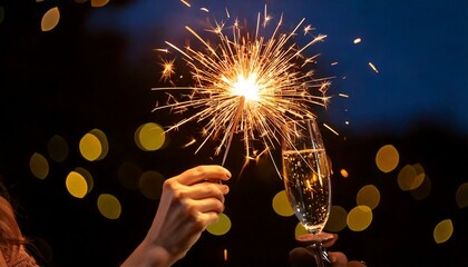 Mano sosteniendo una copa de champán con bengalas en una celebración nocturna al aire libre
