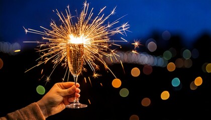 Mano sosteniendo una copa de champán con bengalas en una celebración nocturna al aire libre