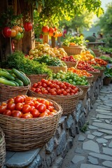Vibrant farmers market display with fresh vegetables and fruits in natural light
