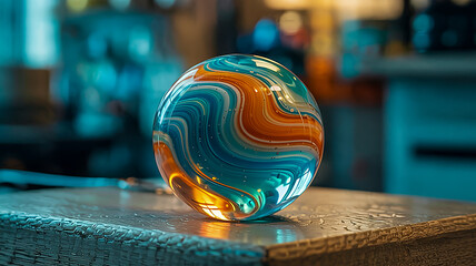 Macro Shot of a Glossy Glass Marble with Turquoise, Orange & White Swirls on a Textured Beige Surface