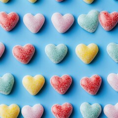 Obraz premium Colorful heart-shaped candies arranged in a grid pattern on a light blue background (2)